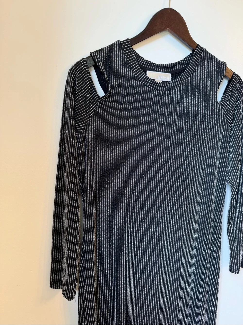 Michael Kors Black and Silver Metallic Striped Cold-Shoulder Ribbed Dress